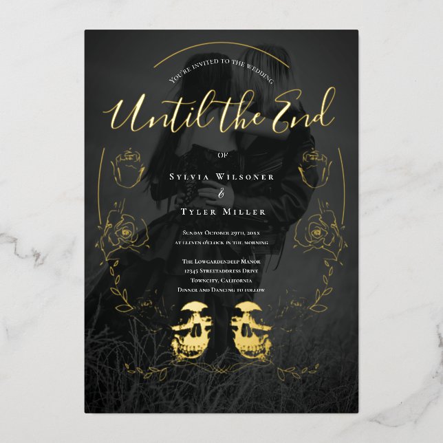 Floral Black Gold Skull Photo Gothic Wedding Foil Invitation (Front)