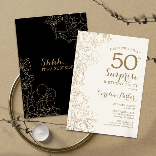 Floral Black Gold Surprise 50th Birthday Party Invitation
