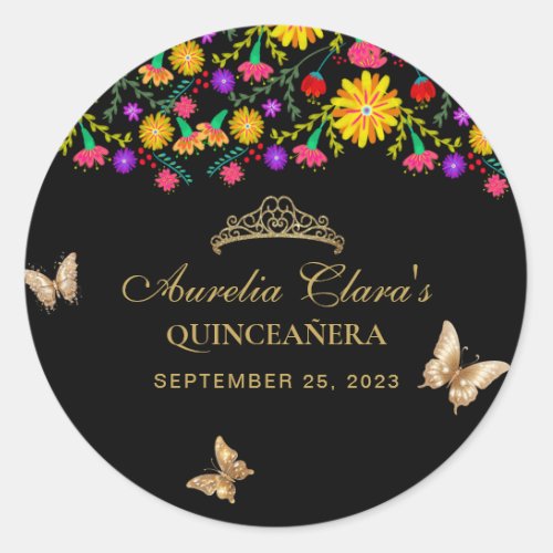 Floral Black Gold Tiara Butterfly Mis Quinceaera Classic Round Sticker