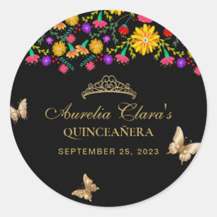 Floral Black Gold Tiara Butterfly Mis Quinceañera Classic Round Sticker