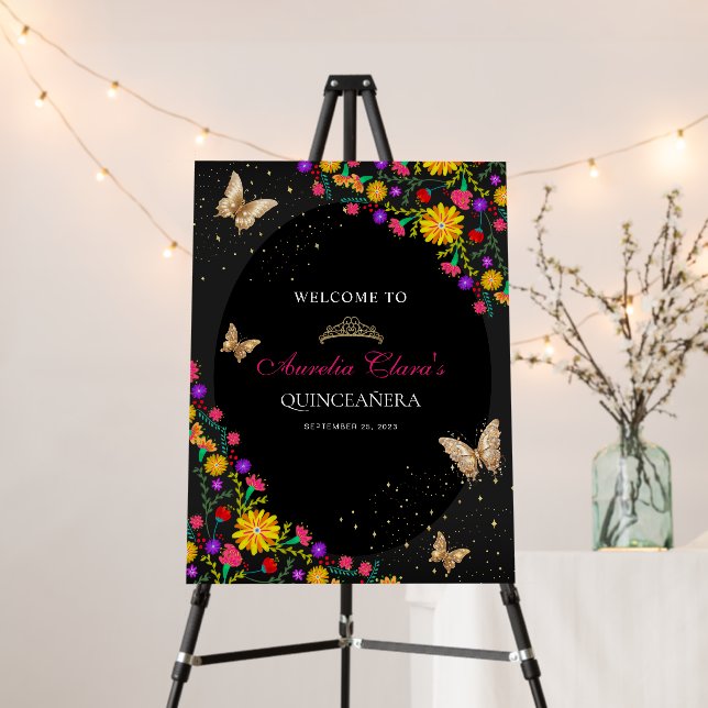 Floral Black Gold Tiara Butterfly Mis Quinceañera Foam Board (In Situ (Stand))