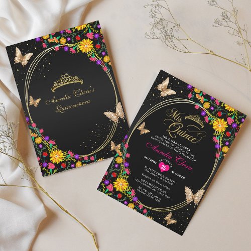 Floral Black Gold Tiara Butterfly Mis Quinceaera Invitation