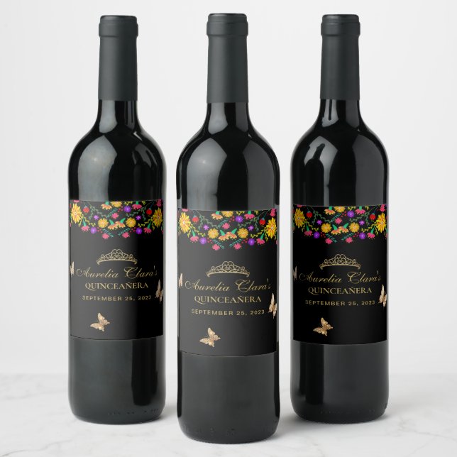 Floral Black Gold Tiara Butterfly Mis Quinceañera Wine Label (Bottles)