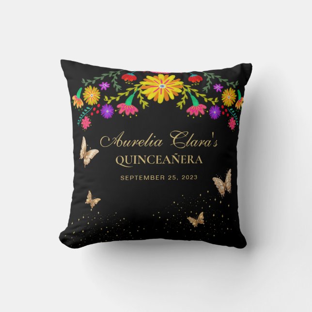 Floral Black Gold Tiara Butterfly Quinceanera Throw Pillow (Front)