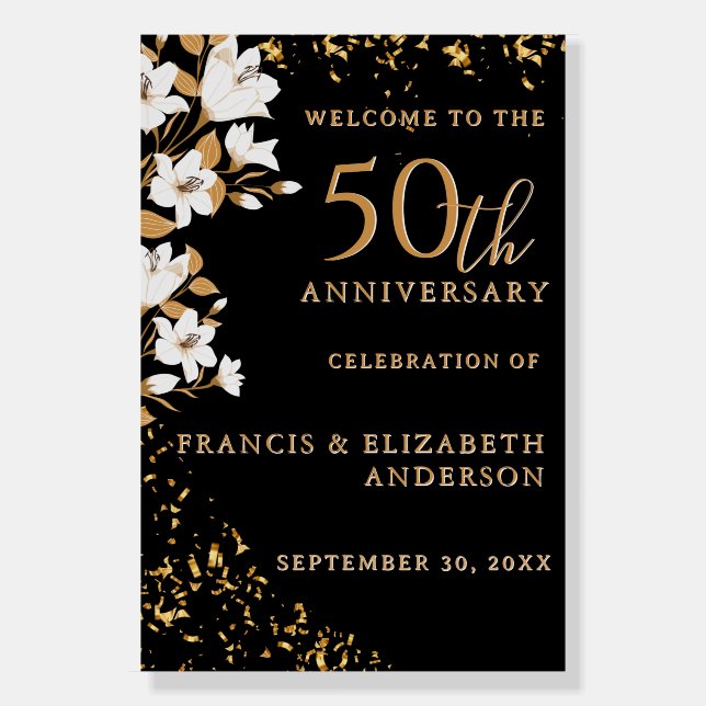 Floral Black Gold Welcome 50th Wedding Anniversary Foam Board (Front)