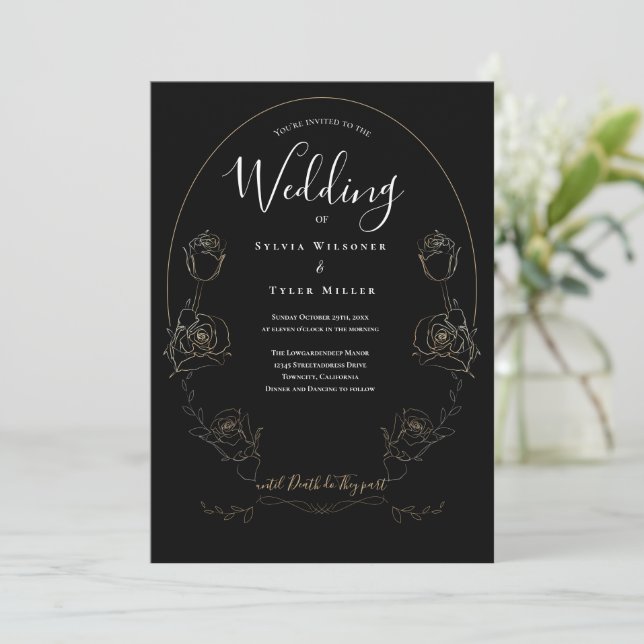 Floral Black Gothic Wedding Invitation (Standing Front)