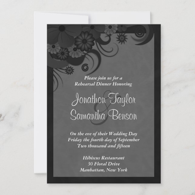Floral Black Gray Wedding Rehearsal Dinner Invites (Front)