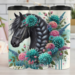 Floral Black Horse Braided Mane Thermal Tumbler