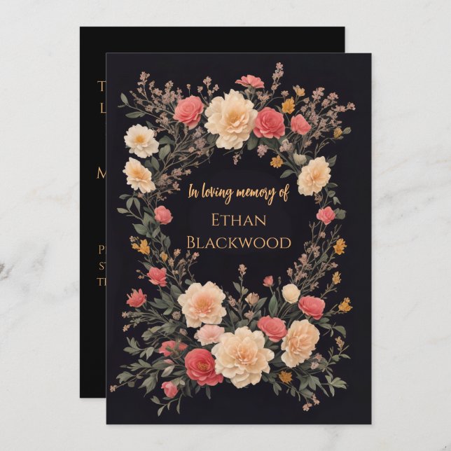 Floral Black In Loving Memory Funeral Invitation (Front/Back)