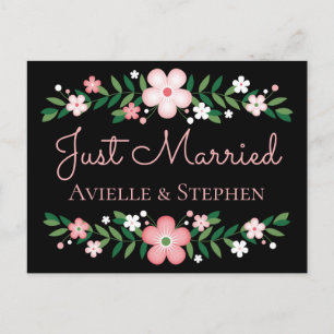 Floral Black Just Married Pink Flowers Wedding Announcement Postcard