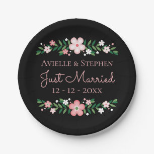 Floral Black Just Married Pink Flowers Wedding Paper Plates