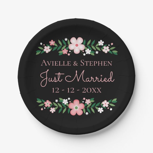 Floral Black Just Married Pink Flowers Wedding Paper Plates (Front)