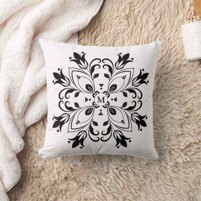 Floral Black Mandala Monogrammed Throw Pillow (Blanket)