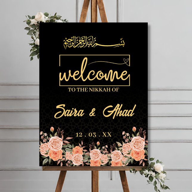 Floral Black Muslim Nikah Wedding Welcome Sign (Creator Uploaded)