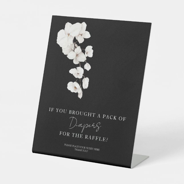 Floral Black Orchids Baby Shower Diaper Raffle Pedestal Sign (Front)