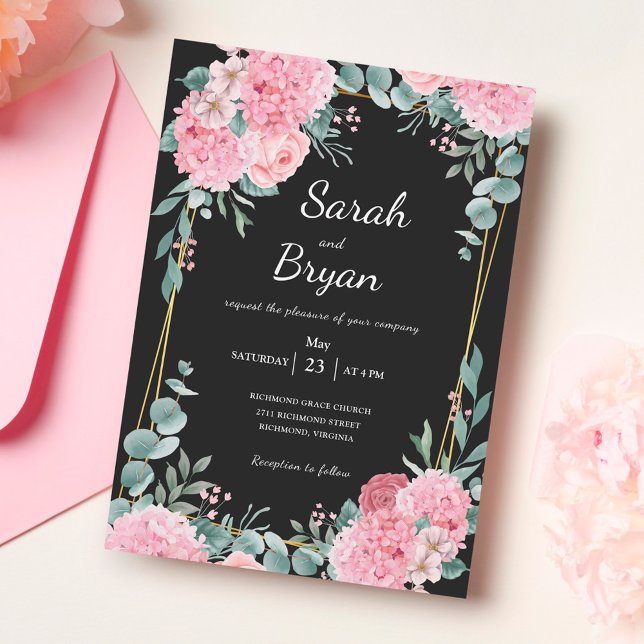 Floral Black Pink Boho Frame Elegant Wedding Invitation (Creator Uploaded)