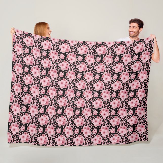 Floral Black Pink Cherry Blossom Sakura Fleece Blanket (In Situ)