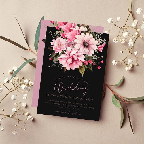 Floral Black Pink Flowers Dark Aesthetic Wedding Invitation