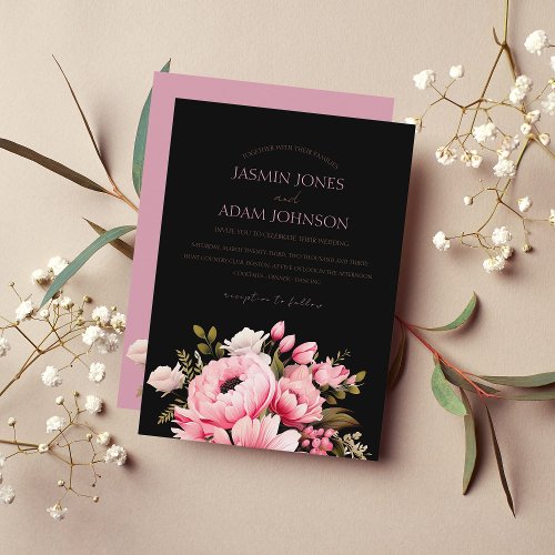 Floral Black Pink Flowers Dark Aesthetic Wedding Invitation