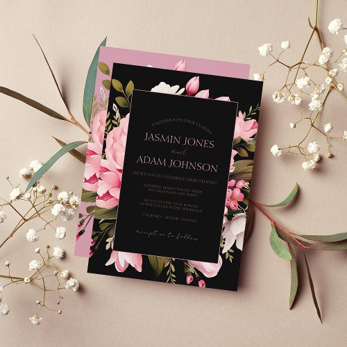 Floral Black Pink Flowers Dark Aesthetic Wedding Invitation