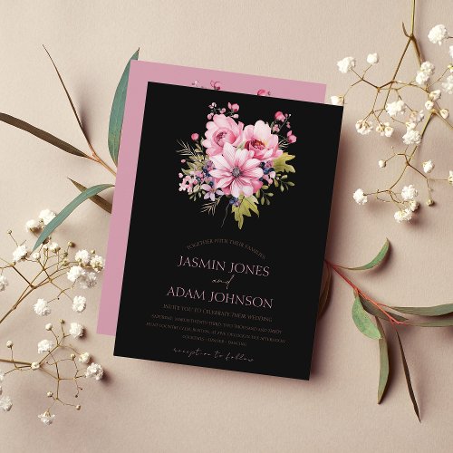 Floral Black Pink Flowers Dark Aesthetic Wedding Invitation