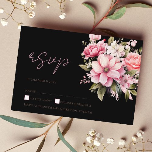 Floral Black Pink Flowers Dark Aesthetic Wedding RSVP Card
