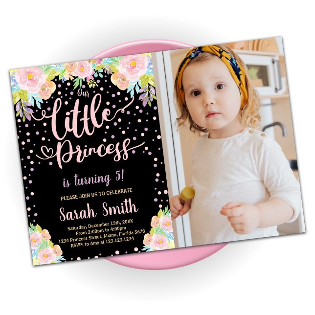 Floral Black Princess Birthday Invitations W Photo (Creator Uploaded)