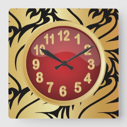 Floral Black Print with Red and Gold Square Wall Clock