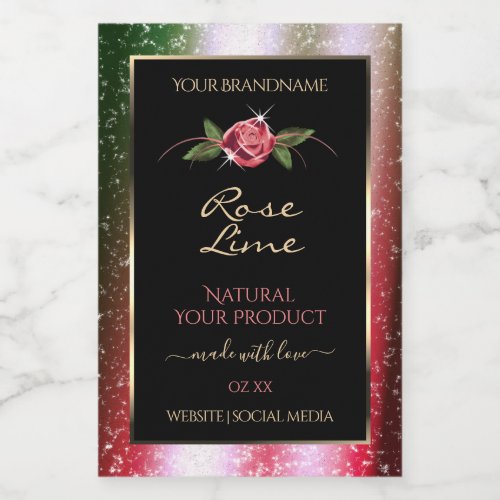 Floral Black Product Labels Green and Pink Glitter