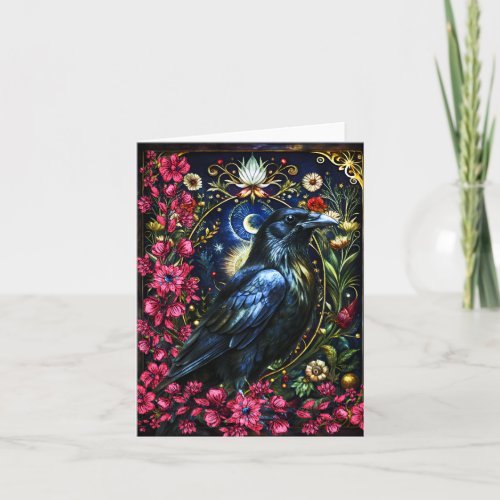 Floral Black Raven Blank Note Card
