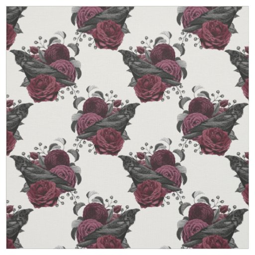 Floral Black Raven on White Fabric