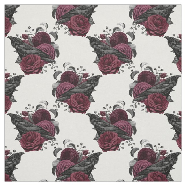 Floral Black Raven on White Fabric (Swatch)