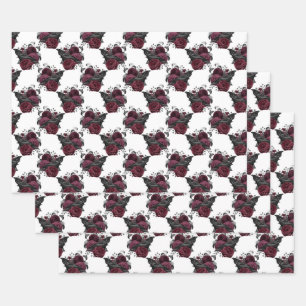 Floral Black Raven on White Wrapping Paper Sheets