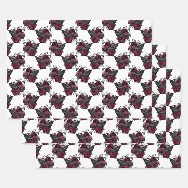 Floral Black Raven on White Wrapping Paper Sheets (Set)