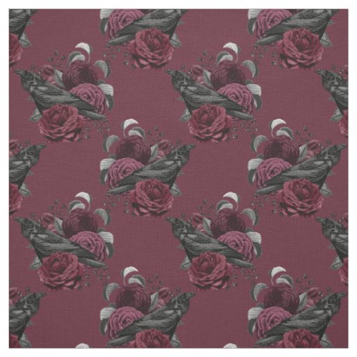 Floral Black Raven on Wine Fabric