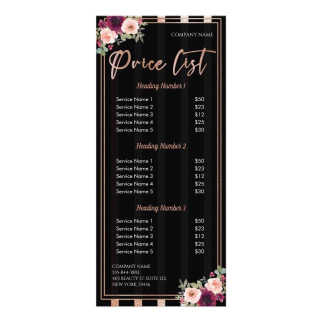 Floral Black Rose Gold Glitter Salon Price List Rack Card (Front)