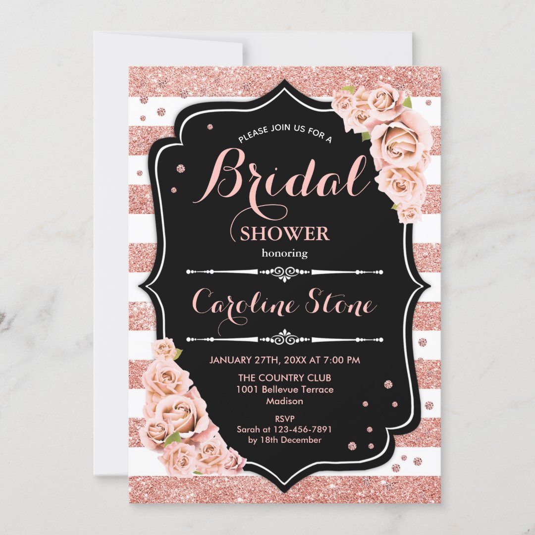 Floral Black Rose Gold Stripes Bridal Shower Invitation | Zazzle