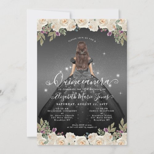 Floral Black Silver Gray Glam Princess Quinceanera Invitation