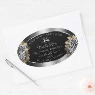 Floral Black Silver Product Label Leafy Roses Logo