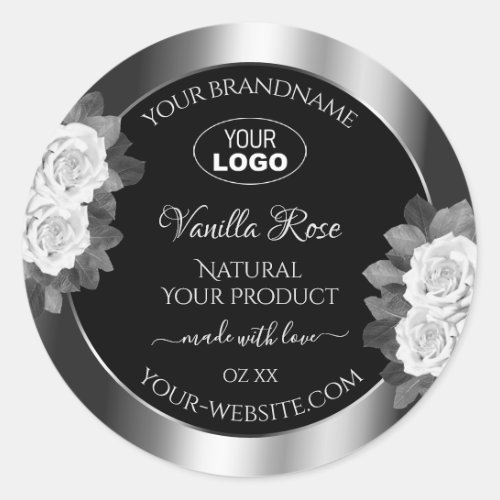 Floral Black Silver Product Label White Roses Logo