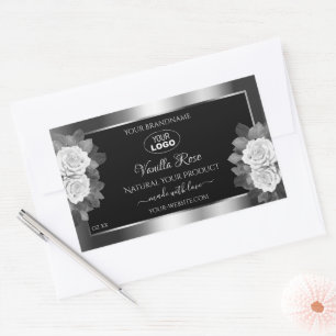 Floral Black Silver Product Label White Roses Logo