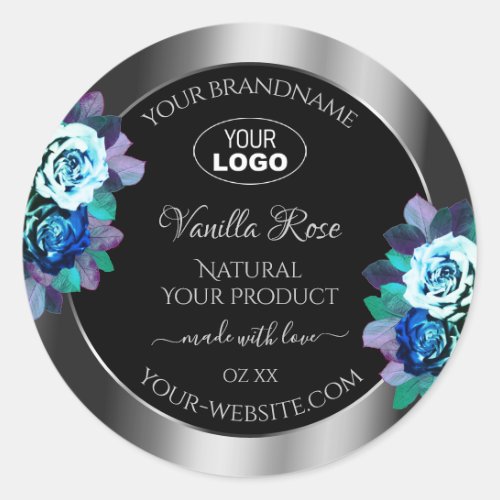 Floral Black Silver Product Labels Logo Teal Roses