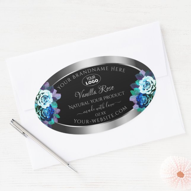 Floral Black Silver Product Labels Logo Teal Roses (Envelope)