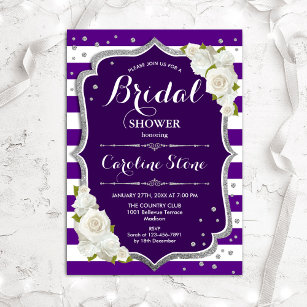 Floral Black Silver Purple Stripes Bridal Shower Invitation