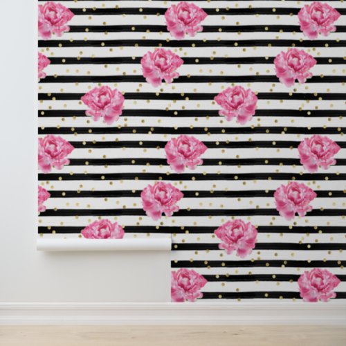 Floral Black Stripe and Gold Confetti  Wallpaper