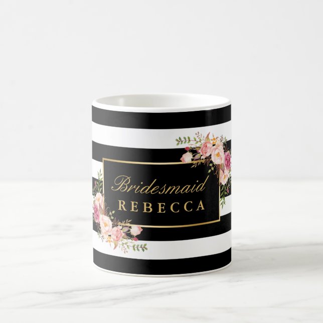Floral Black Stripes Bridesmaid Bridal Shower Coffee Mug (Center)
