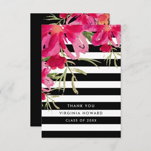 Floral  Black Stripes Graduation Thank You Card