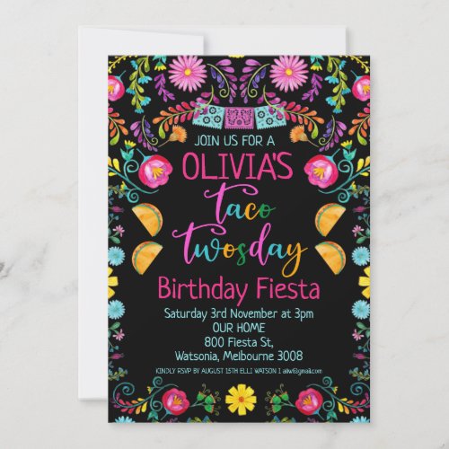 Floral Black Taco Twosday Mexican 2nd Birthday Invitation