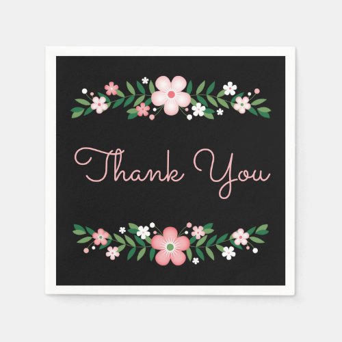 Floral Black Thank You  Pink Flowers Wedding Paper Napkins