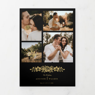 Floral Black Trendy Collage Wedding 7 Photo Tri-Fold Invitation